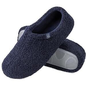 New Home Top Womens Size 7-8 Navy Blue Fuzzy Memory Foam Loafer Fleece Slippers